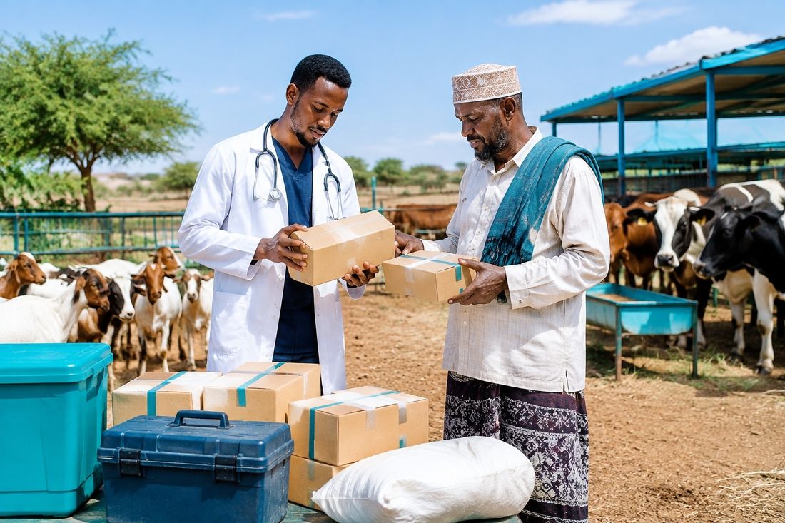 Somali veterinarian and farmer with livestock supplies
