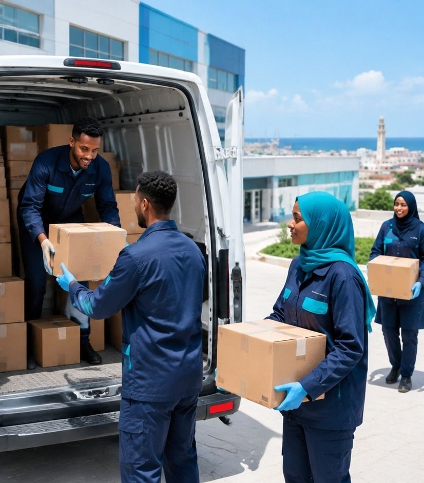 Somali logistics team coordinating supply cartons for delivery
