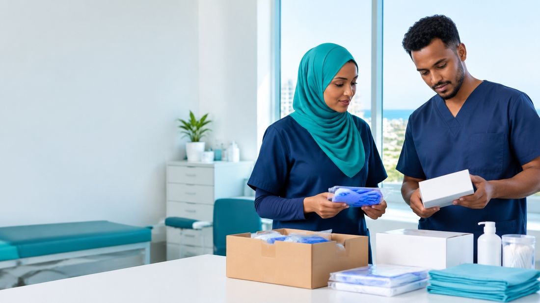Somali healthcare team with clinic supplies