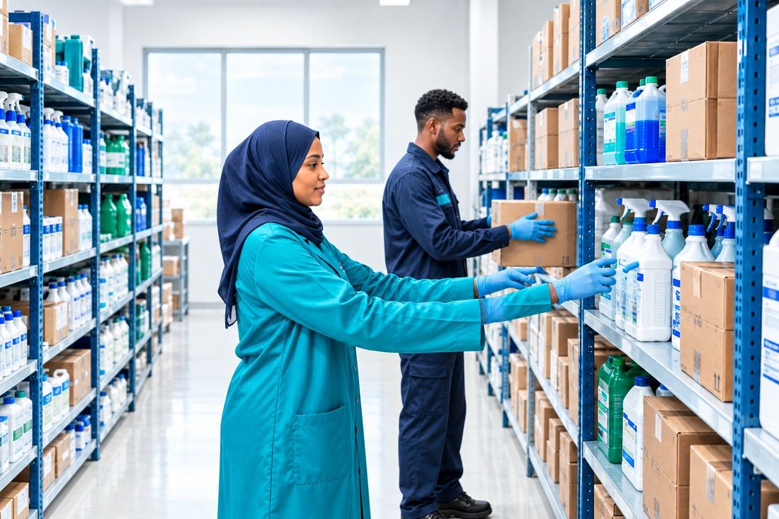 Somali team arranging hygiene and industrial cleaning supplies